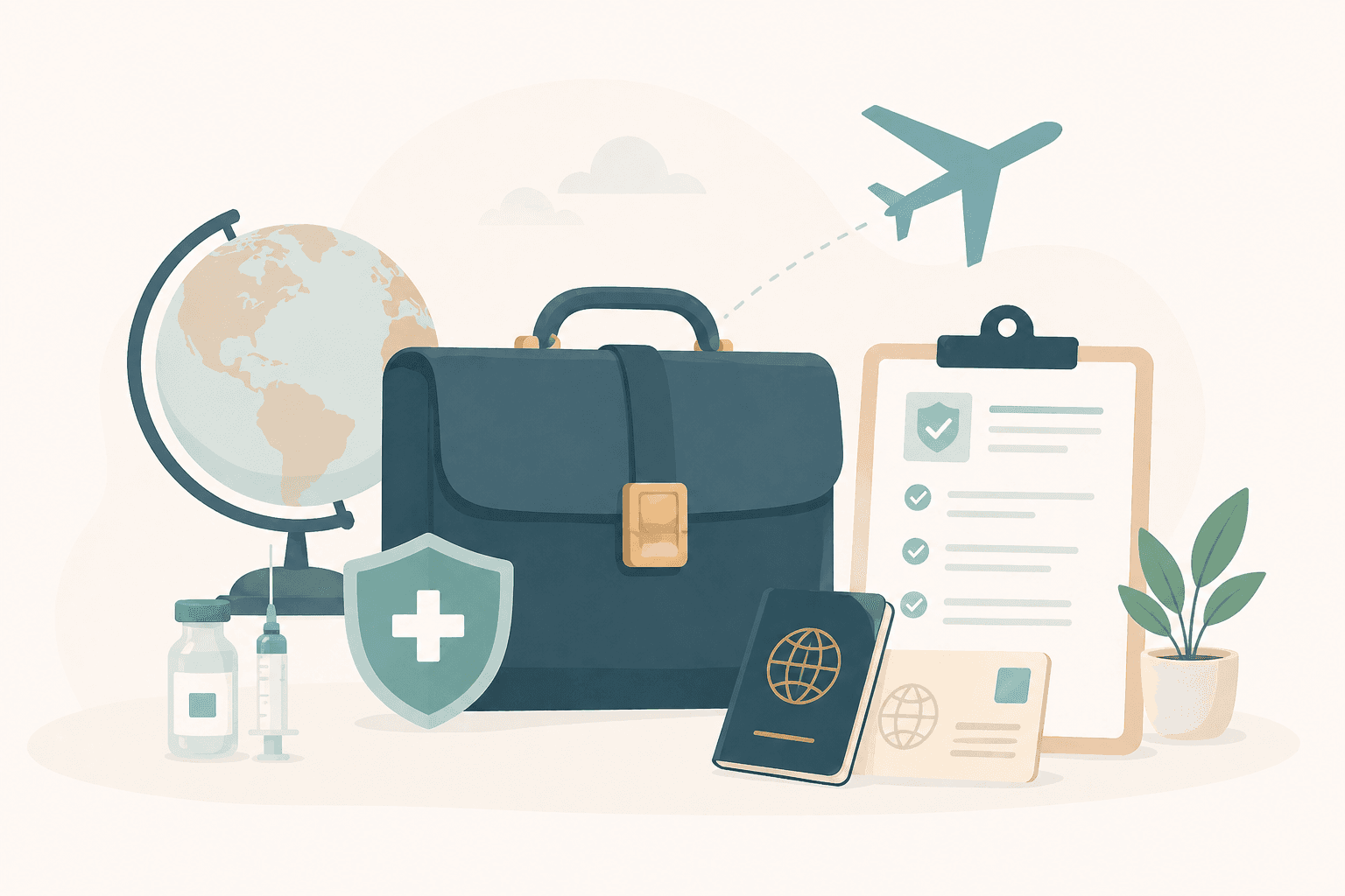 Corporate travel health illustration with luggage, passport, plane, and checklist
